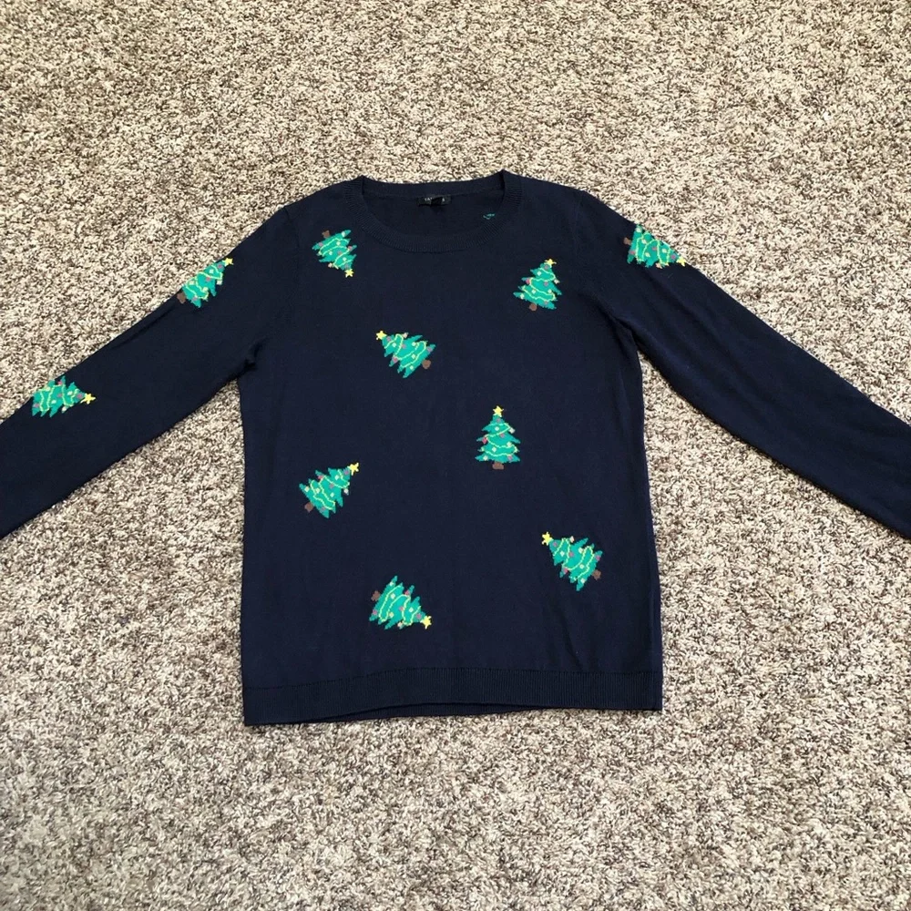 Talbots Festive Navy Sweater with Christmas Trees - Picture 2 of 6